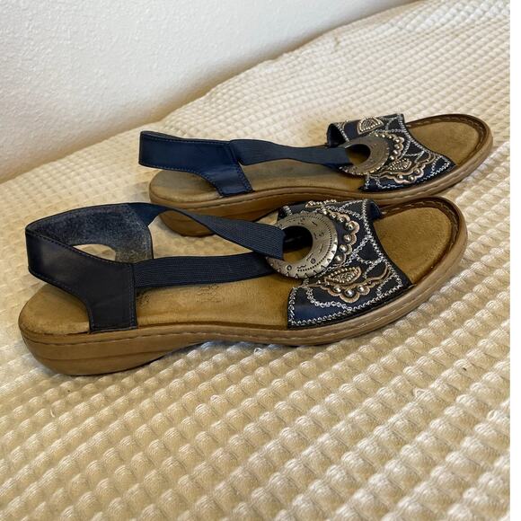 Riker Navy Boho Blue Beaded Detail Regina Heeled Sling Back Comfort Sandals S 39 - Picture 2 of 8